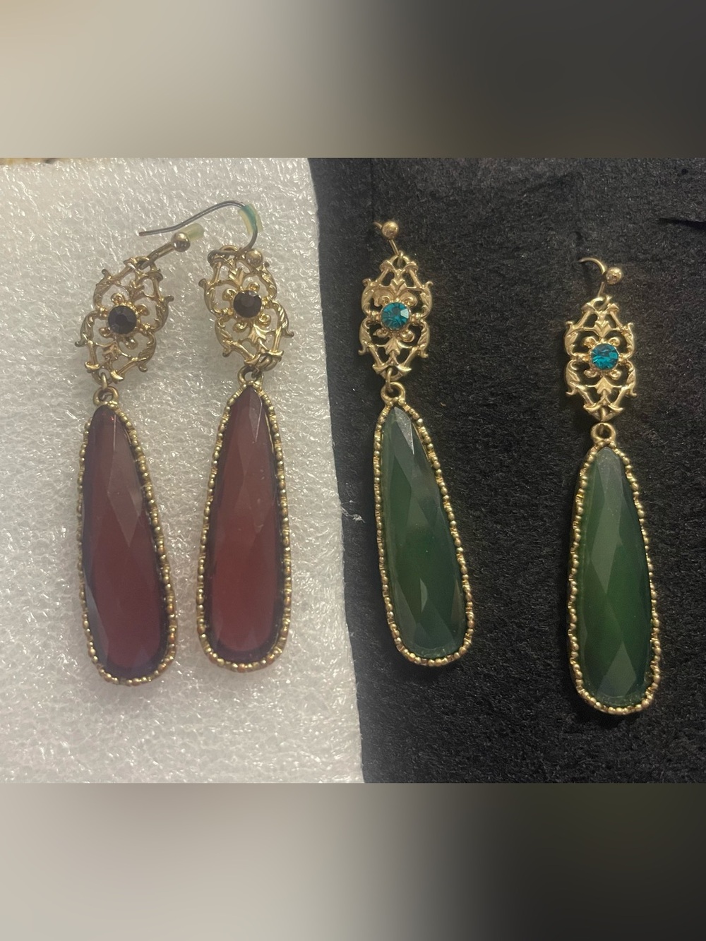 Two pairs Gold Filigree Drop Earrings with Green Gemstone and Aubergine